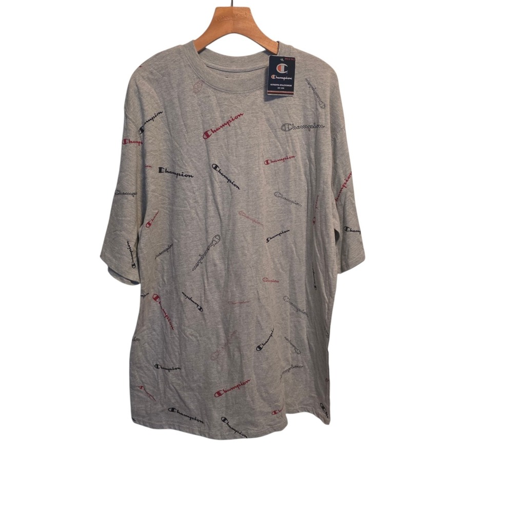 Champion All Over Print Script Logo T-Shirt Gray AOP Tee Mens LT Large Tall NWT
